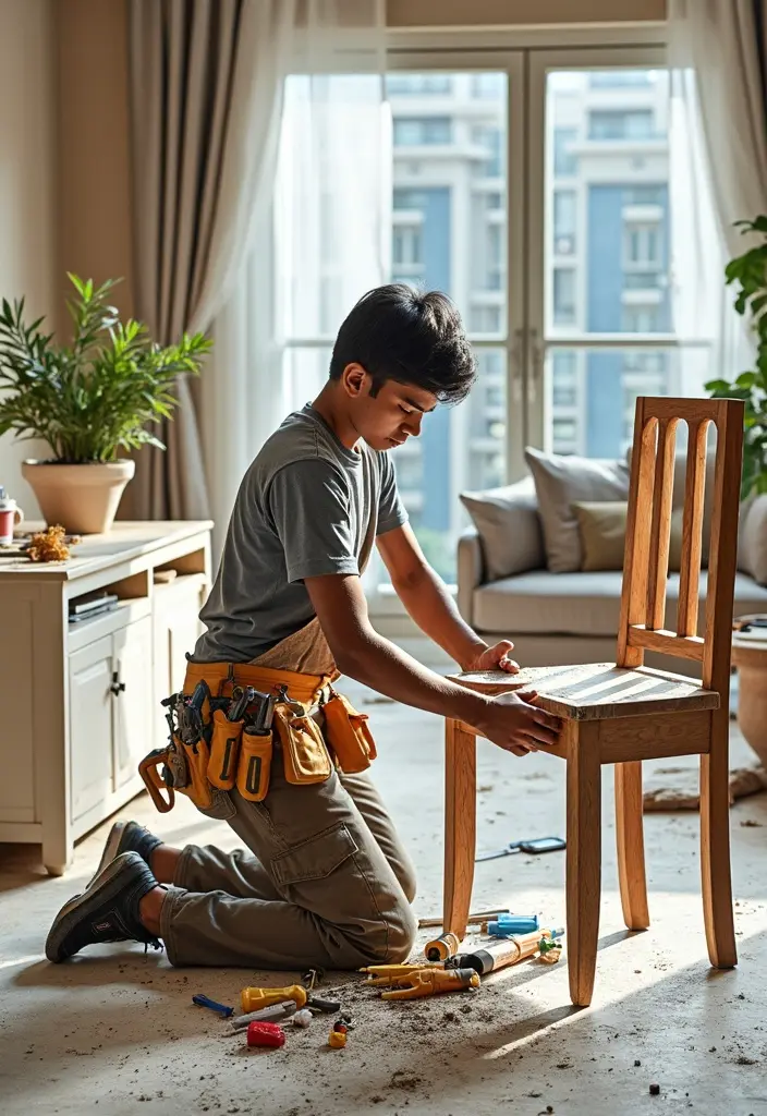 Skilled furniture repair carpenter repairing a broken leg on a dining table chair in Dubai