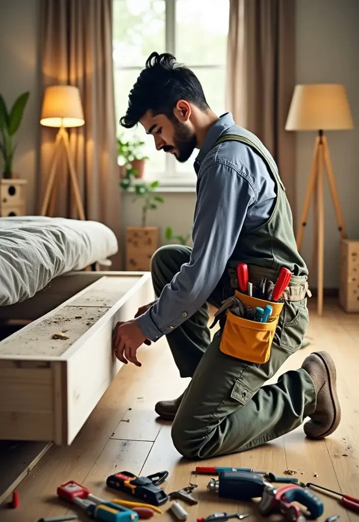 Skilled furniture repairing carpenter in Dubai fixing a sofa base and leg