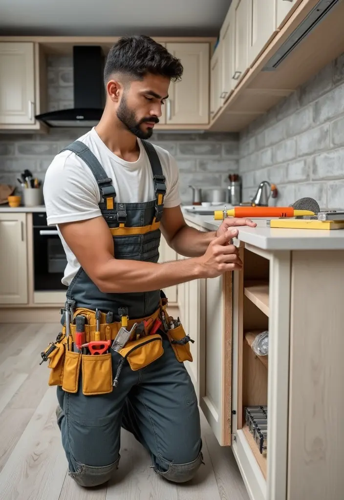 Skilled carpenter repairing furniture. A broken kitchen cabinet in Dubai