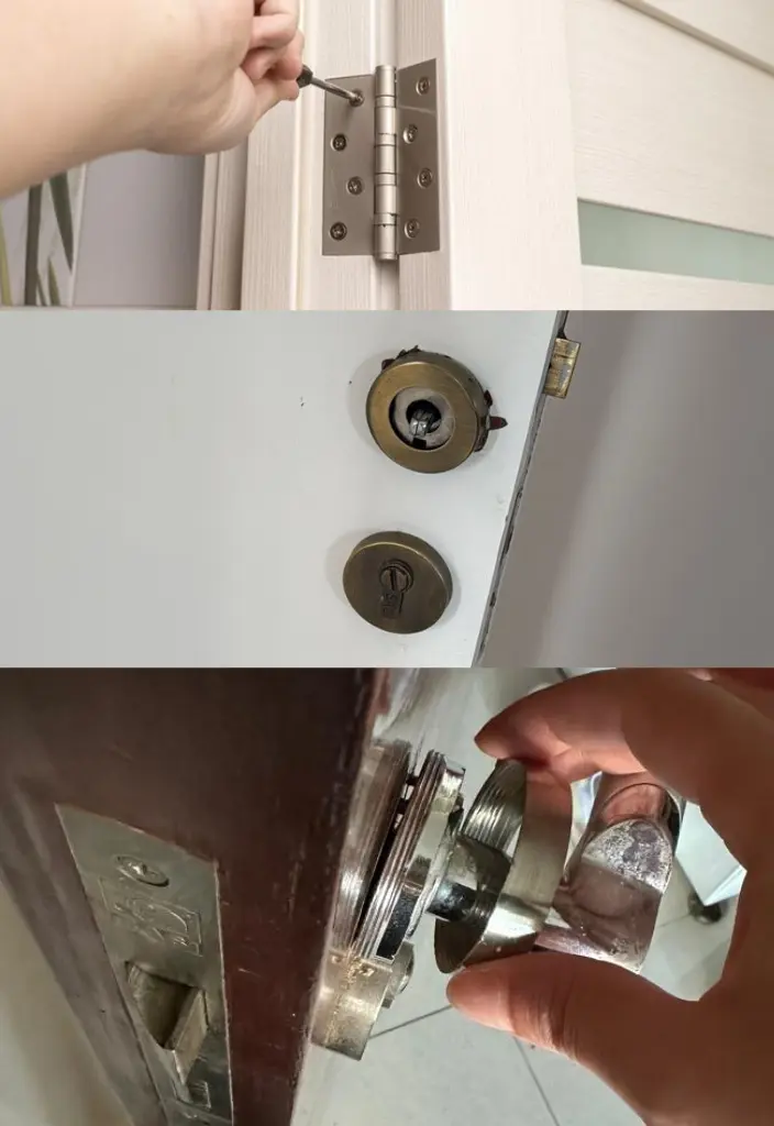 Skilled door repair carpenter fixing broken door handles, hinges, and lock in Dubai