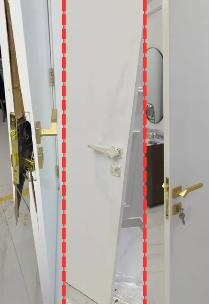 Three-step door repair process in Dubai: broken door lock, repair and painting, and final restored door