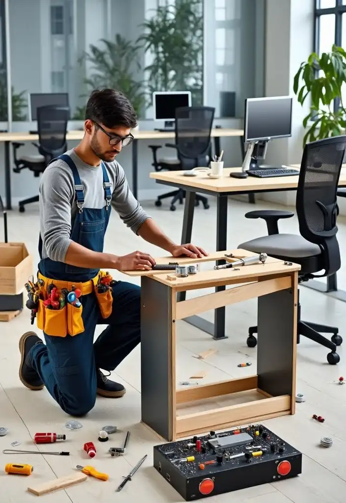 Skilled Dubai carpenter installing office desk furniture for modern office setup