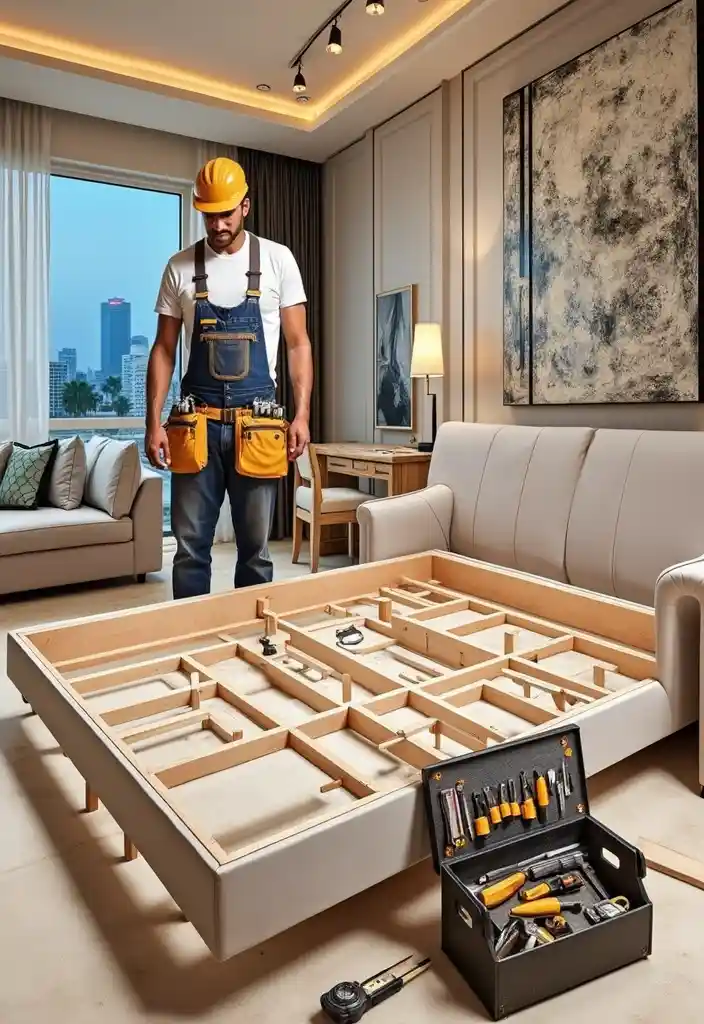 Expert Dubai carpenter assembling a king size bed for bedroom furniture assembly