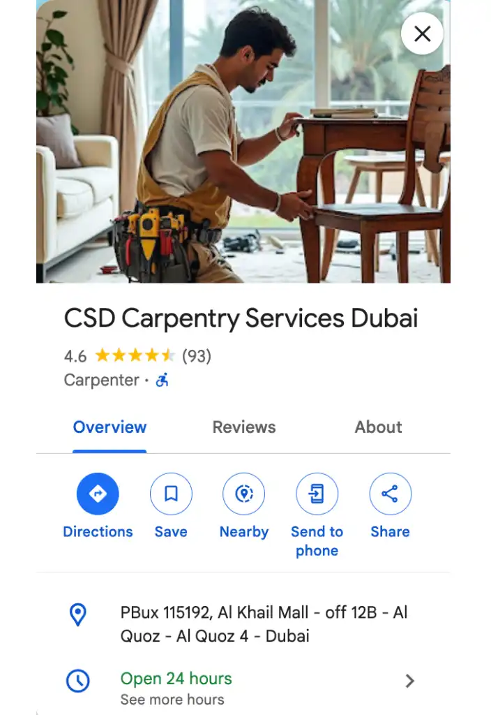 Screenshot of a Google search result highlighting "Best Carpentry Service Provider in Dubai CSD Carpentry Services Dubai," emphasizing quality craftsmanship and professional carpentry services.