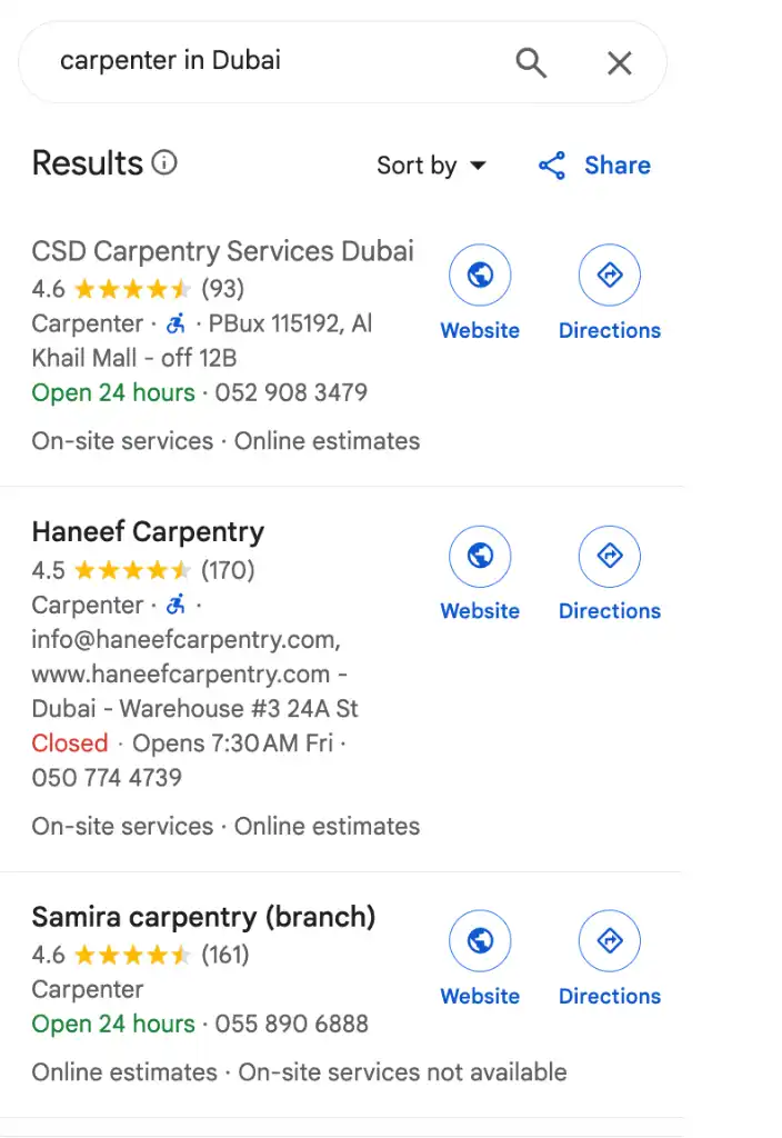 Screenshot of a Google Maps search result displaying the top 5 carpentry service providers in Dubai.