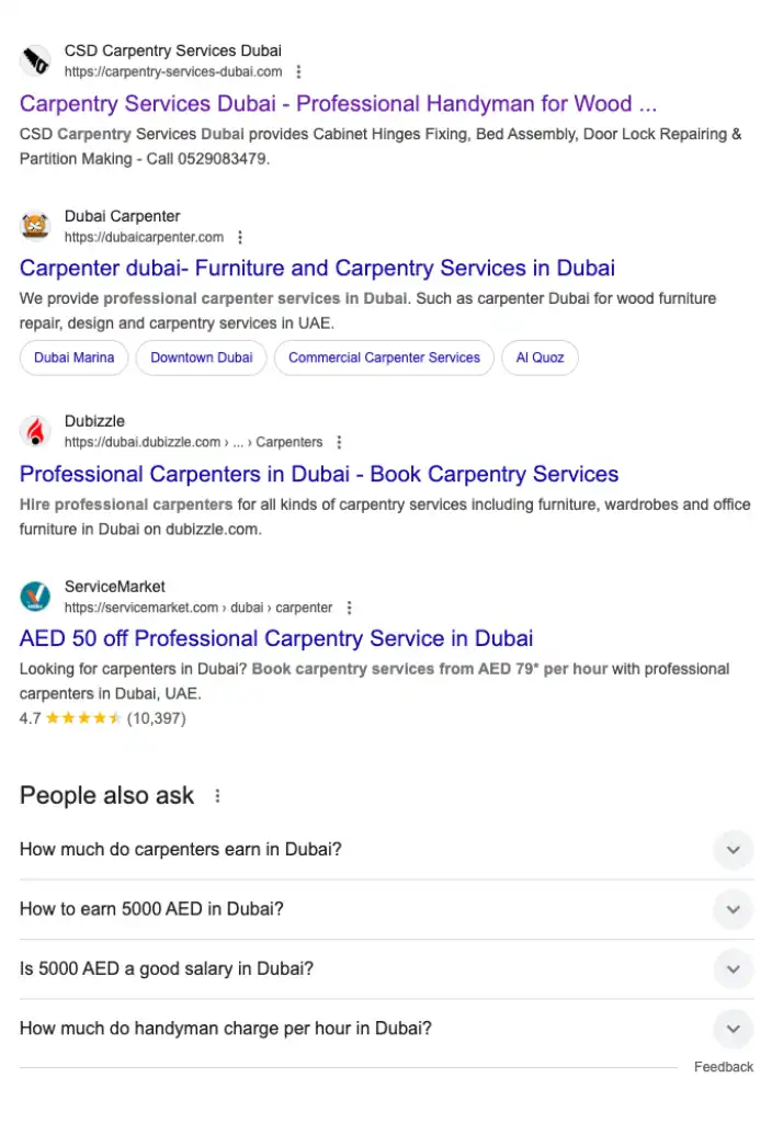 Screenshot displaying the top 5 carpentry service provider listings in Dubai on Google, showcasing trusted companies with quality carpentry solutions.